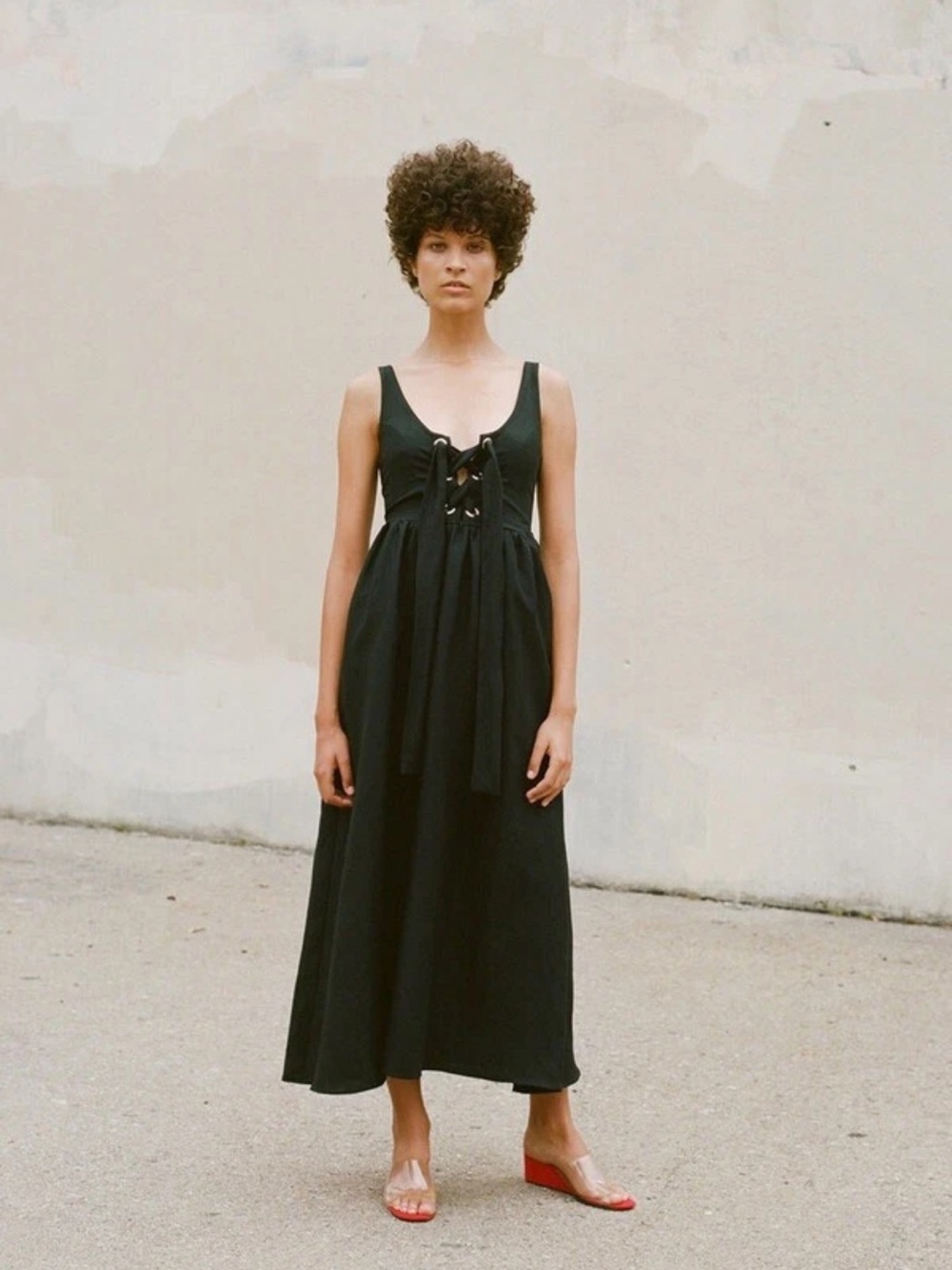Mara Hoffman Black Lace-Up Midi Dress with Scoop Neck